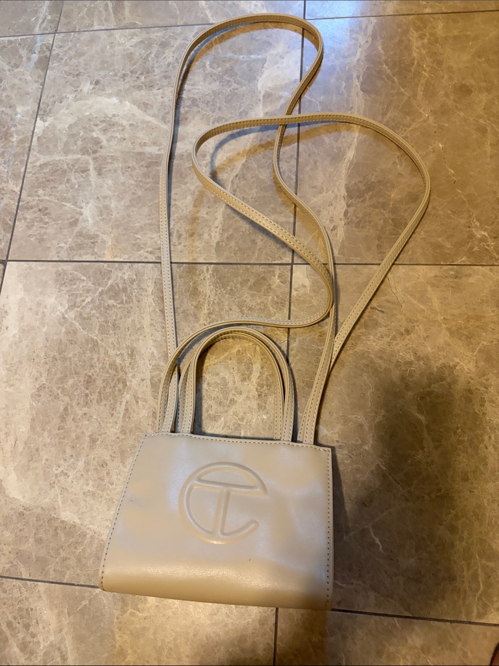 Telfar Beige Mini Leather Tote with Embossed Logo